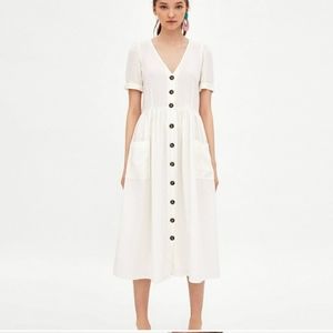 TRF Zara White Linen Midi Button Front Dress